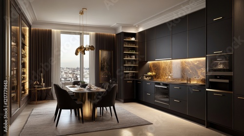 Wallpaper Mural A chic apartment kitchen with black cabinetry, gold handles, and open shelving Torontodigital.ca