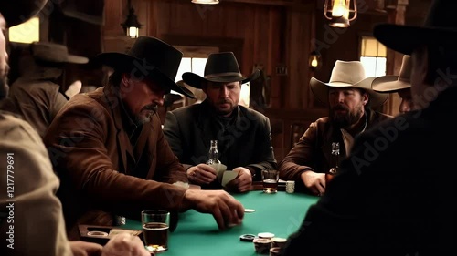 Cowboys playing cards in a rustic saloon during the late afternoon