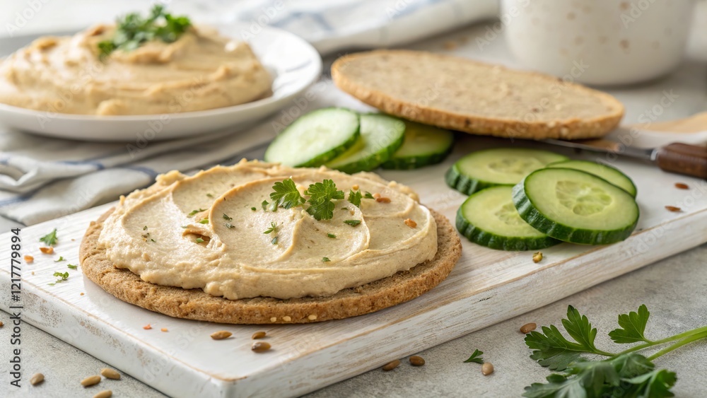 Creamy hummus generously spread on whole grain pita bread with fresh cucumber slices served on a wooden board Creamy hummus generously spread on whole grain pita bread with fresh cucumber slices served on a wooden board