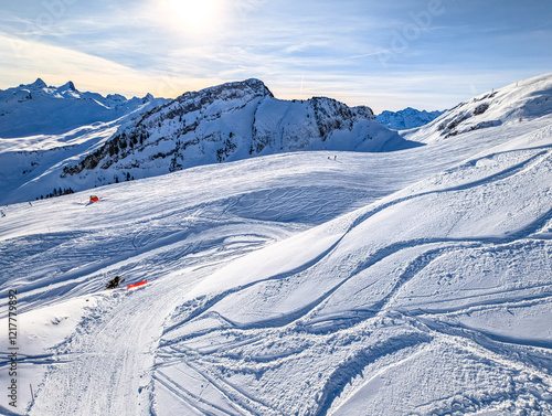Aerial drone view of snow covered ski slopes at Stoos,Switzerland