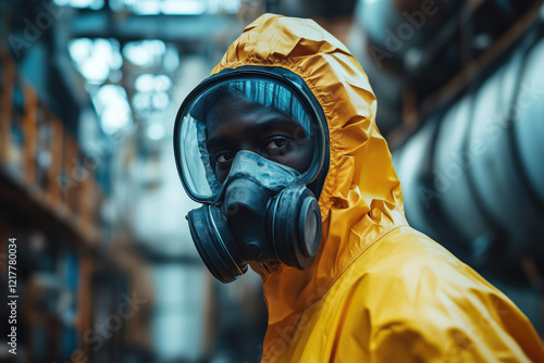 Individual wearing hazmat suit with gas mask standing in industrial setting filled with equipment and machinery wearing protective gear for safety