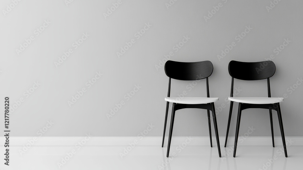 Obraz premium Two black and white chairs against a gray wall.