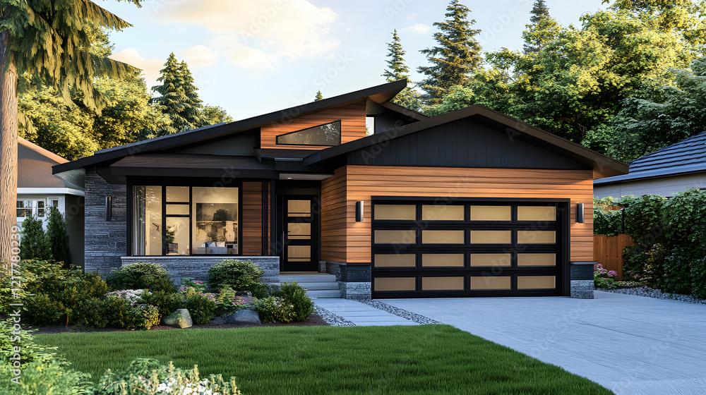 Modern house with wooden cladding and black windows Modern house with wooden cladding and black windows