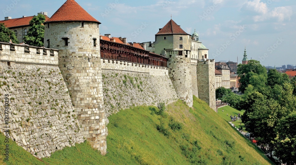 Medieval castle walls, city backdrop, green hill, tourism Medieval castle walls, city backdrop, green hill, tourism