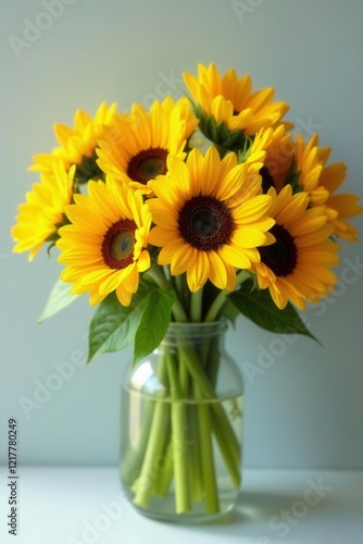 Freshly picked bouquet of sunflowers with green stems, sunflowers, bouquet