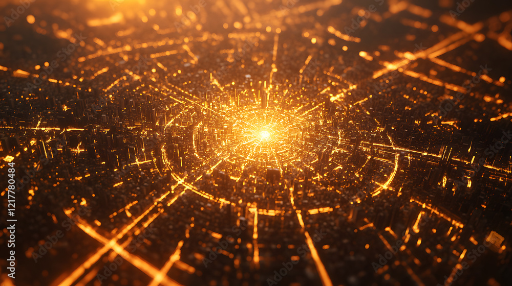 Obraz premium A city map with illuminated pathways converging at a central hub symbolizing key points and connectivity.