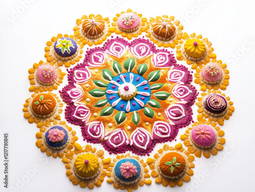 Vibrant rangoli with colorful powders and decorative sweets photo