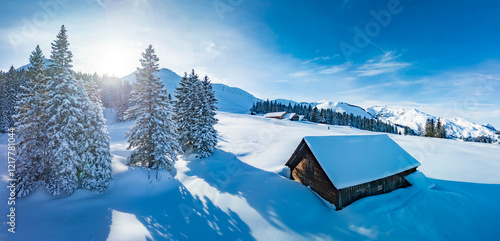 Aerial drone view of snow covered ski slopes at Stoos,Switzerland