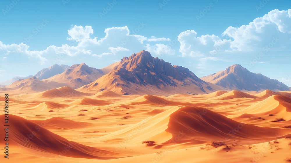 Naklejka premium Vast Desert Landscape Featuring Rolling Sand Dunes and Distant Mountains Under a Bright Blue Sky With Fluffy Clouds