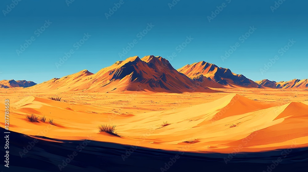 Fototapeta premium Vast Desert Landscape Under a Clear Blue Sky Showcasing Rugged Mountains and Rolling Sand Dunes During Midday