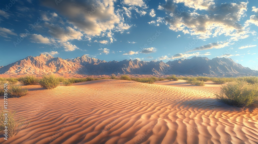 Naklejka premium Expansive Desert Landscape Showcasing Rippled Sand Dunes and Distant Mountains Under a Vibrant Sky