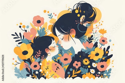 Wallpaper Mural Tender illustration of mother and child profiles surrounded by blooming spring flowers in coral pink, yellow and blue colors, perfect for mothers day cards and family designs. Torontodigital.ca