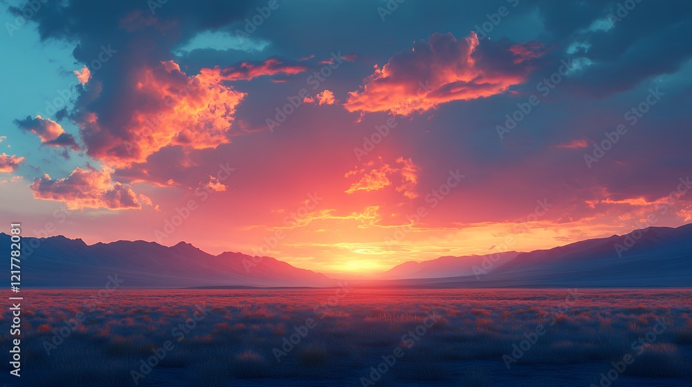 Fototapeta premium Vibrant Sunset Casts Brilliant Colors Over Mountains and Water Body in Serene Wilderness Landscape