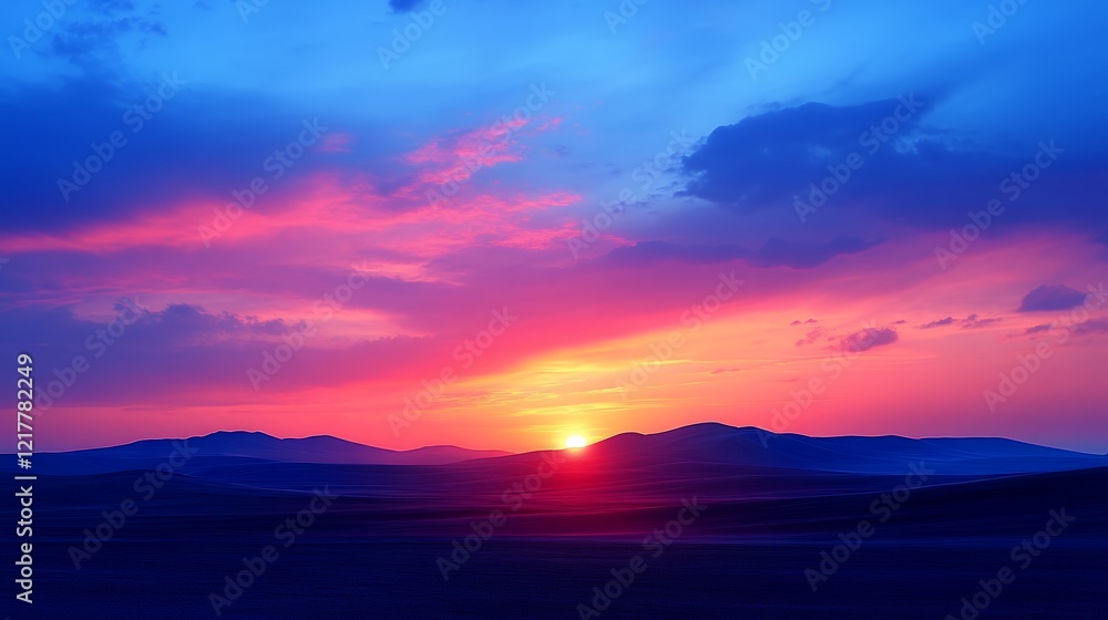 Fototapeta premium Majestic Sunset Over Rolling Hills With Vibrant Colors Illuminating the Sky in a Tranquil Landscape Setting
