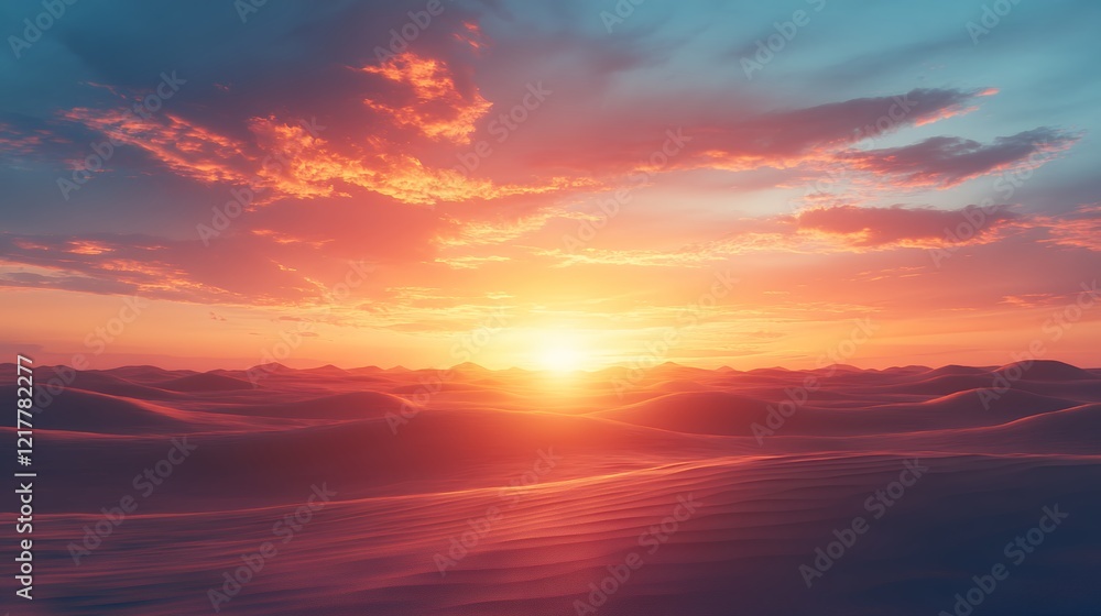 Vibrant Sunset Over Rolling Sand Dunes Creates a Serene Atmosphere Under a Colorful Sky Vibrant Sunset Over Rolling Sand Dunes Creates a Serene Atmosphere Under a Colorful Sky
