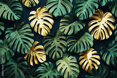 Luxurious tropical pattern with palm fronds and monstera leaves in rich greens and gold on a navy background