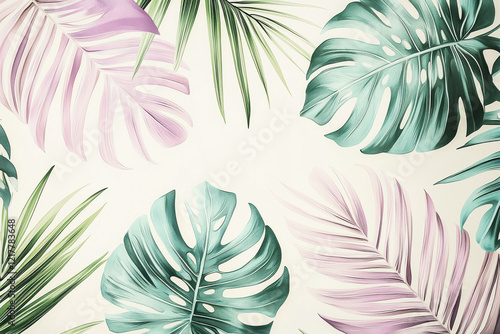 Refined tropical pattern featuring pastel palm leaves and monstera plants on a cream background