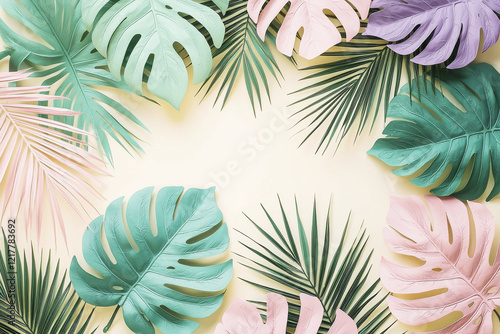 Refined tropical pattern featuring pastel palm leaves and monstera plants on a soft cream background