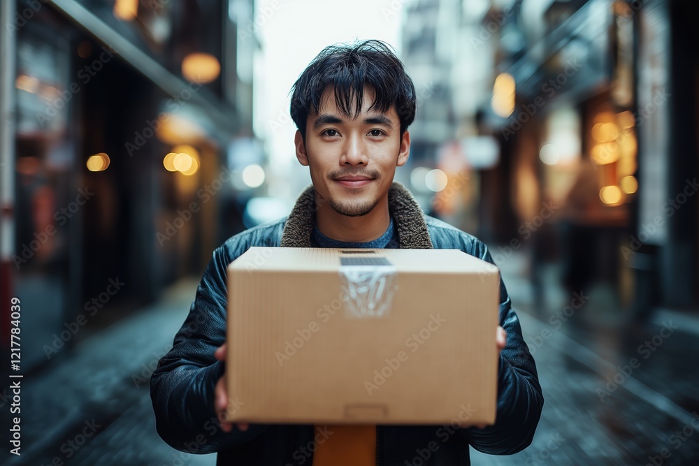 Delivery man smiles while handing over a cardboard box to a customer in a bustling urban setting during late afternoon hours Delivery man smiles while handing over a cardboard box to a customer in a bustling urban setting during late afternoon hours