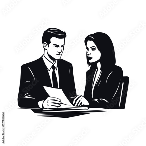 Vintage 1950s Black and White Business Meeting Illustration: Professional Silhouettes in Retro Corporate Setting