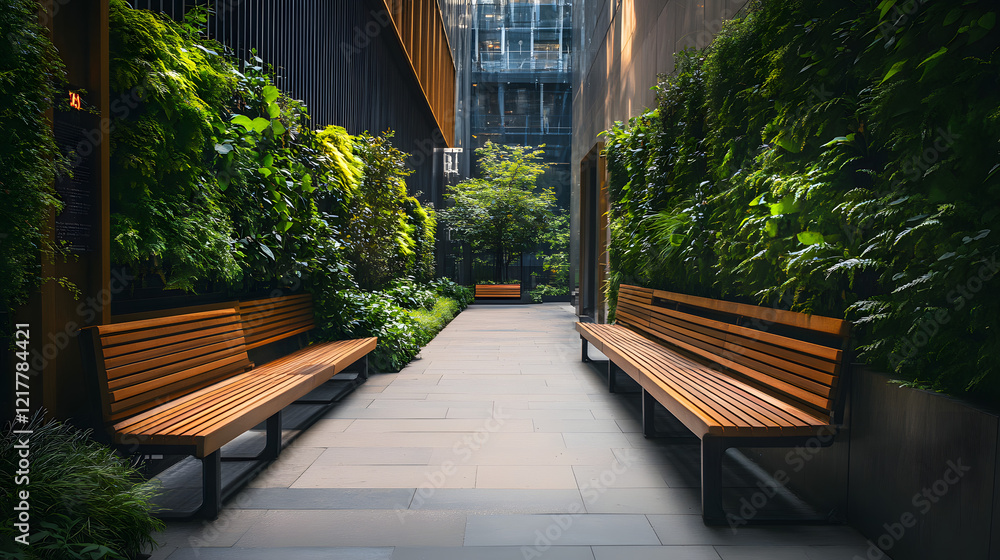 A contemporary alley featuring smooth wooden benches and vertical greenery. A contemporary alley featuring smooth wooden benches and vertical greenery.