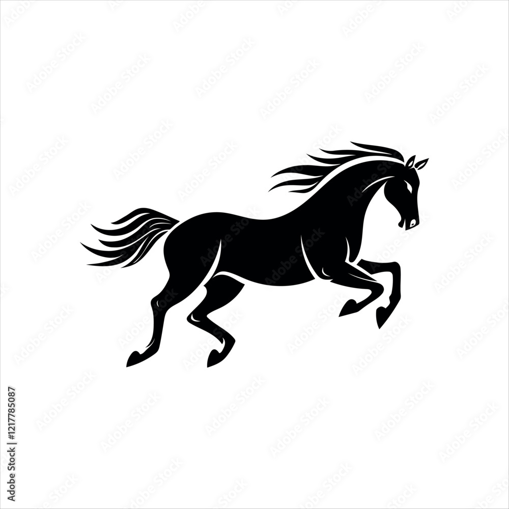 Elegant Galloping runner or running Horse Silhouette: Minimalist Vector Art with Flowing Mane and Tail in Monochrome Design Elegant Galloping runner or running Horse Silhouette: Minimalist Vector Art with Flowing Mane and Tail in Monochrome Design