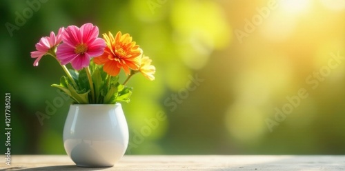 Freshly planted flowers thrive in a sunny spot with a white ceramic vase, botany, plant
