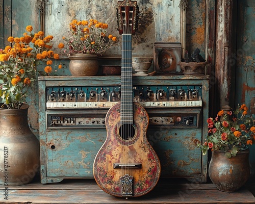 Vintage tambura beside a sleek modern electronic sitar highlighting the contrast between traditional Indian instruments and contemporary designs photo