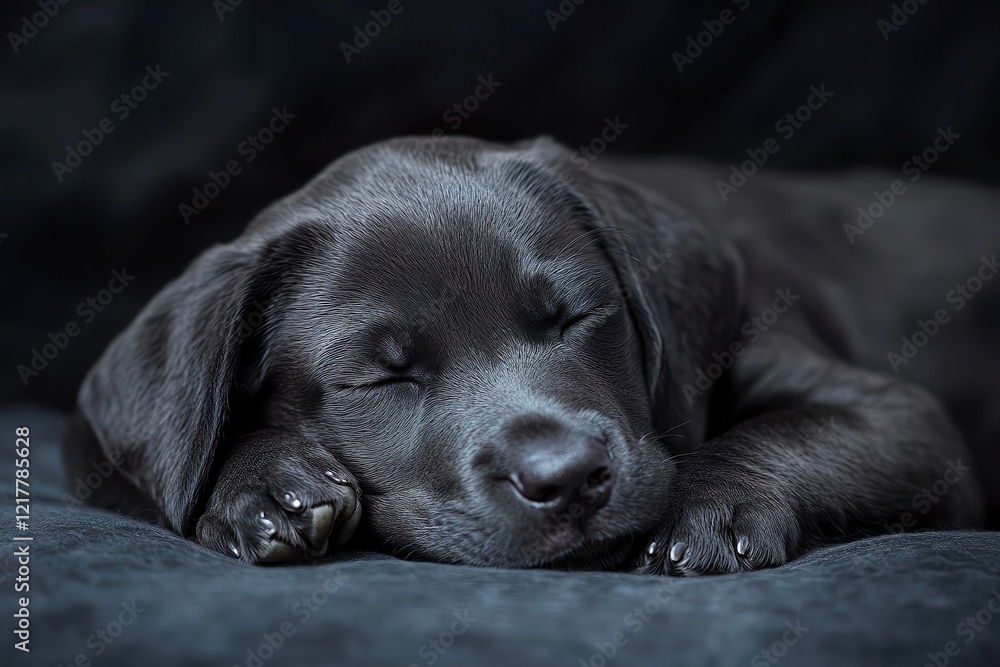 Photo of cute black pet retriever puppy sleeping soundly on black velvet sofa Photo of cute black pet retriever puppy sleeping soundly on black velvet sofa
