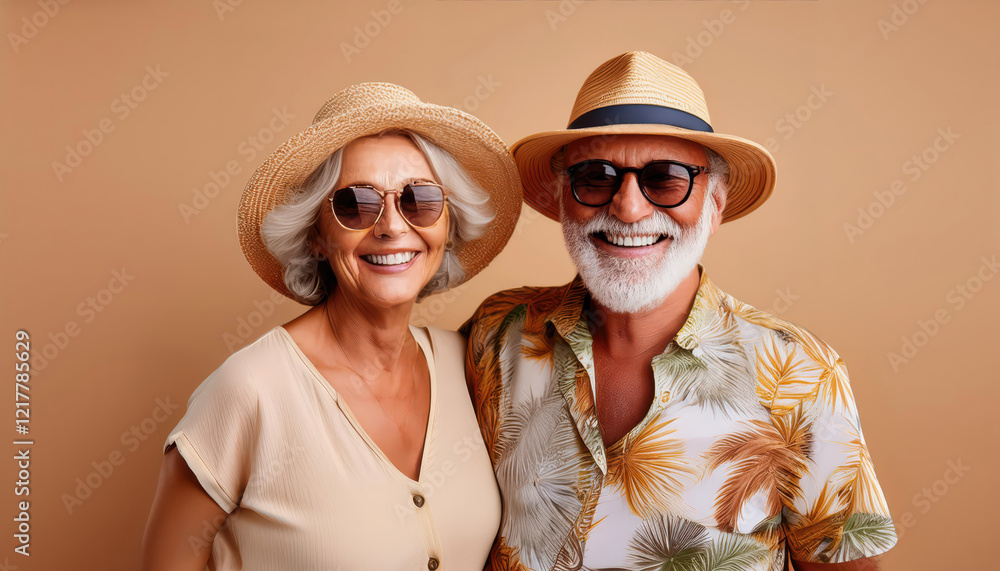 Stylish senior couple in summer outfits on beige background Stylish senior couple in summer outfits on beige background