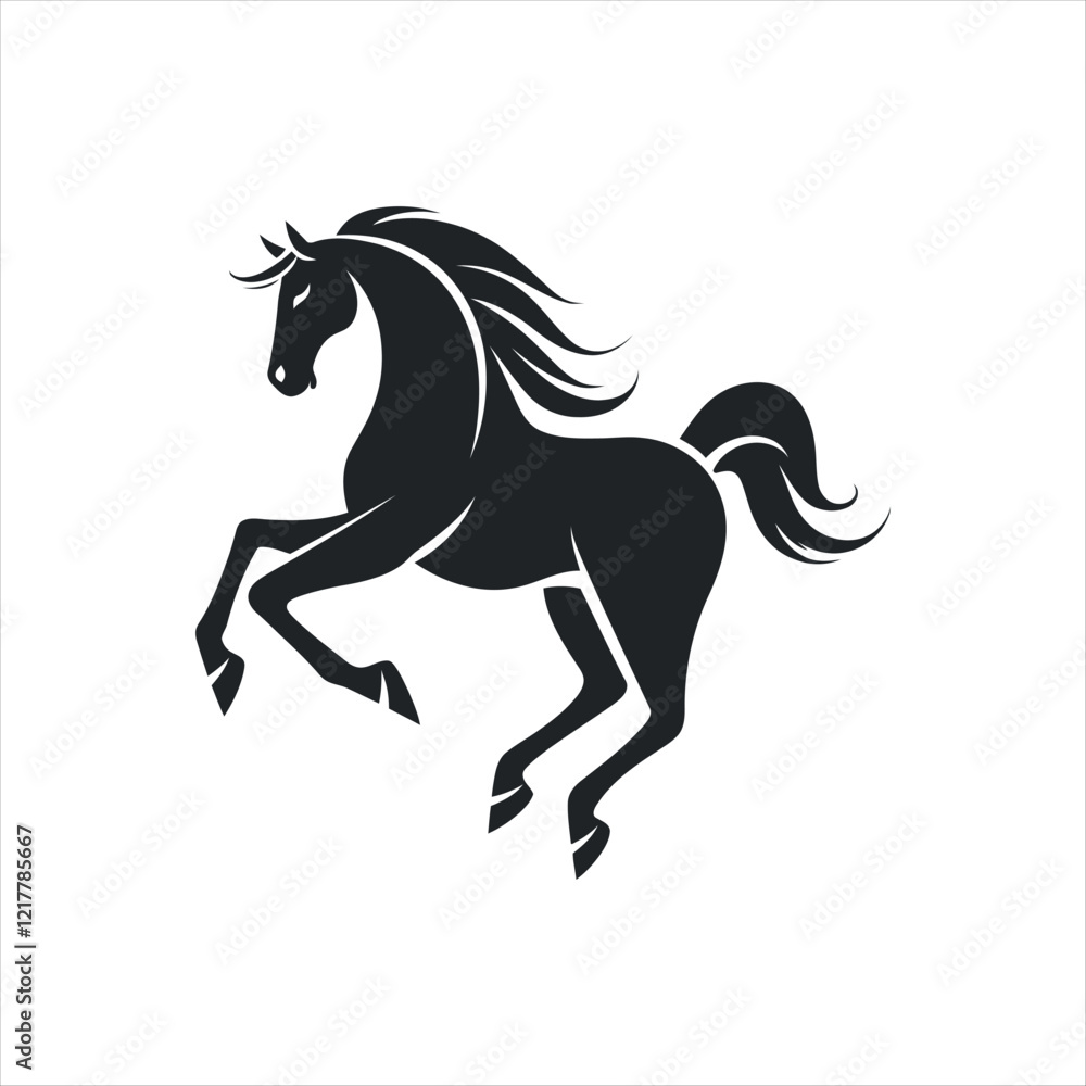 Dynamic Black Silhouette of a Galloping Horse: Sleek Minimalist Design with Flowing Mane and Tribal Aesthetic for Equine Art Lovers Dynamic Black Silhouette of a Galloping Horse: Sleek Minimalist Design with Flowing Mane and Tribal Aesthetic for Equine Art Lovers