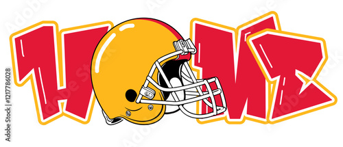 home - gold  and red football player helmet, sport vector graphics, hockey, for street art - graffiti lettering typography - art illustration - multicolor - writen	