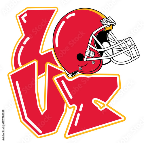 love - gold  and red football player helmet, sport vector graphics, hockey, for street art - graffiti lettering typography - art illustration - multicolor - writen	