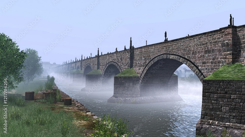 Fototapeta premium Misty River Stone Bridge Landscape, Rural Scene