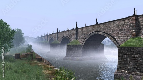Misty River Stone Bridge Landscape, Rural Scene