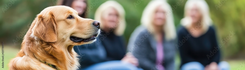 Golden retriever in focus, with blurred group of women in the background outdoors. Golden retriever in focus, with blurred group of women in the background outdoors.