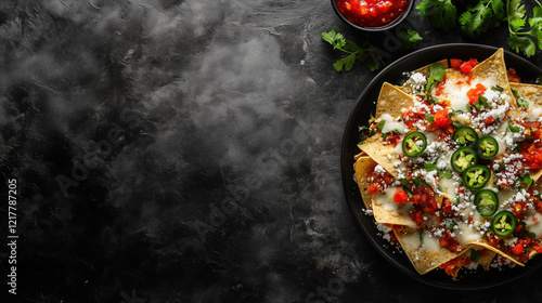 Plate of Nachos Topped with Melted Cheese, Jalapeños, and Salsa, Arranged on the Leftmost Side of a Dark Stone Background, with Space on the Right for Text copy space
