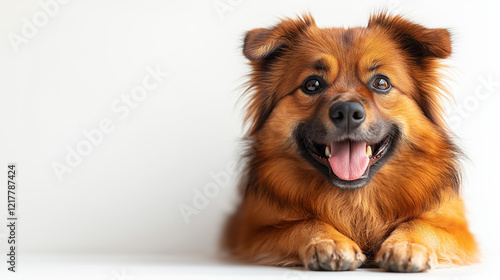 Joyful dog portrait indoor studio pet photography neutral background close-up capturing happiness photo