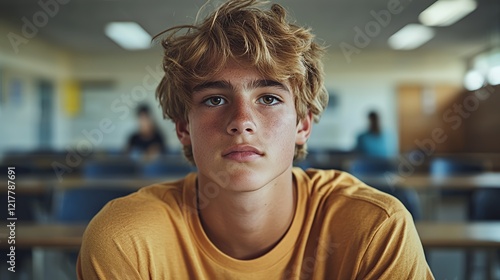 Teen Boy With Blonde Hair Sitting in a Classroom Looking Serious During a School Session in the Afternoon Sunlight