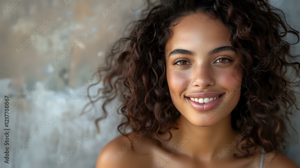 Young mixed race woman with curly hair and bright smile against blurred background, perfect for beauty, dental care, or lifestyle advertising campaigns. Young mixed race woman with curly hair and bright smile against blurred background, perfect for beauty, dental care, or lifestyle advertising campaigns.