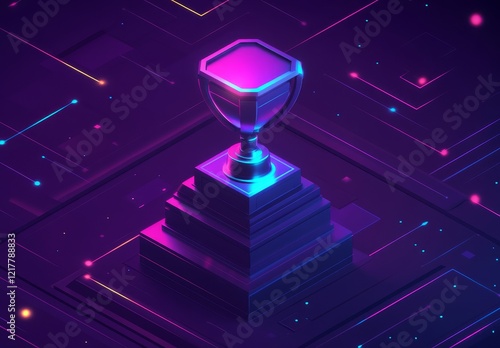 Create a cute isometric 3D trophy with a transparent blue and purple base, set against a neon technology background with realistic connections photo