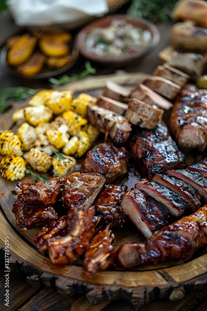 Grilled BBQ pork ribs with glazed corn on wooden platter, perfect for restaurant menu or food advertising. Close-up shot showcasing juicy meat and seasonal sides. Grilled BBQ pork ribs with glazed corn on wooden platter, perfect for restaurant menu or food advertising. Close-up shot showcasing juicy meat and seasonal sides.