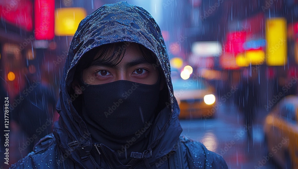 A man wearing a black face mask and a hoodie adorned with urban streetwear elements stands in front of a bustling street, with cars speeding by in a blur A man wearing a black face mask and a hoodie adorned with urban streetwear elements stands in front of a bustling street, with cars speeding by in a blur