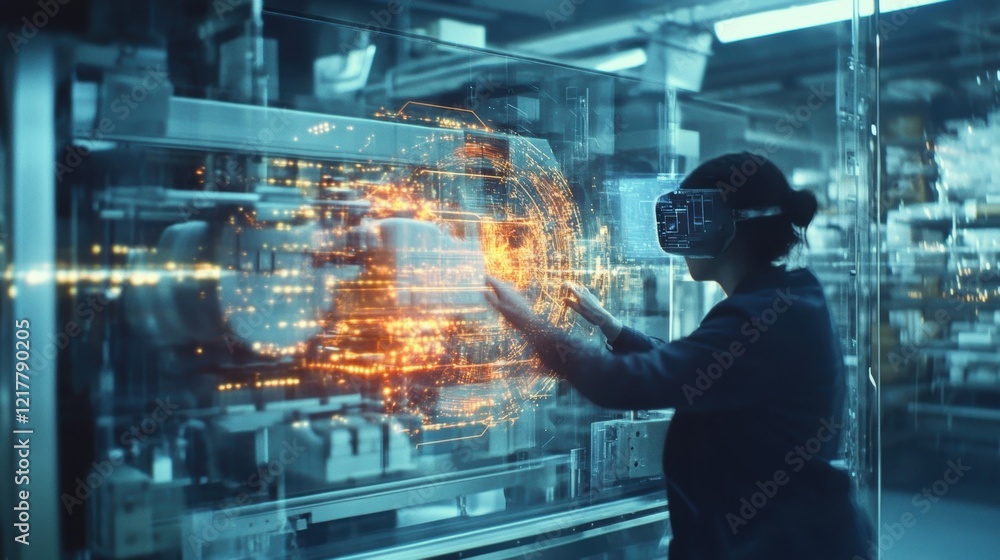 A production line worker interacts with a packaging machine the AR goggles providing visual cues about machine performance operator efficiency stats and alerts for upcoming routine A production line worker interacts with a packaging machine the AR goggles providing visual cues about machine performance operator efficiency stats and alerts for upcoming routine