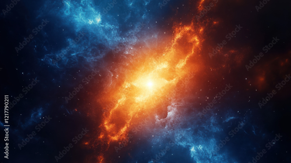 Obraz premium A bold abstraction of fiery orange and cobalt blue blending like liquid fire and ice, rough textures contrasting with smooth gradients, radiant energy pulsating from the center