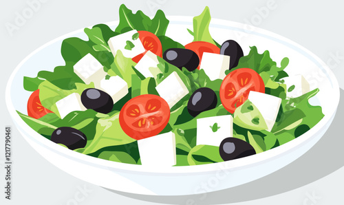 Fresh Greek Salad with Tomatoes Feta Cheese and Olives in Minimalist Vector Art