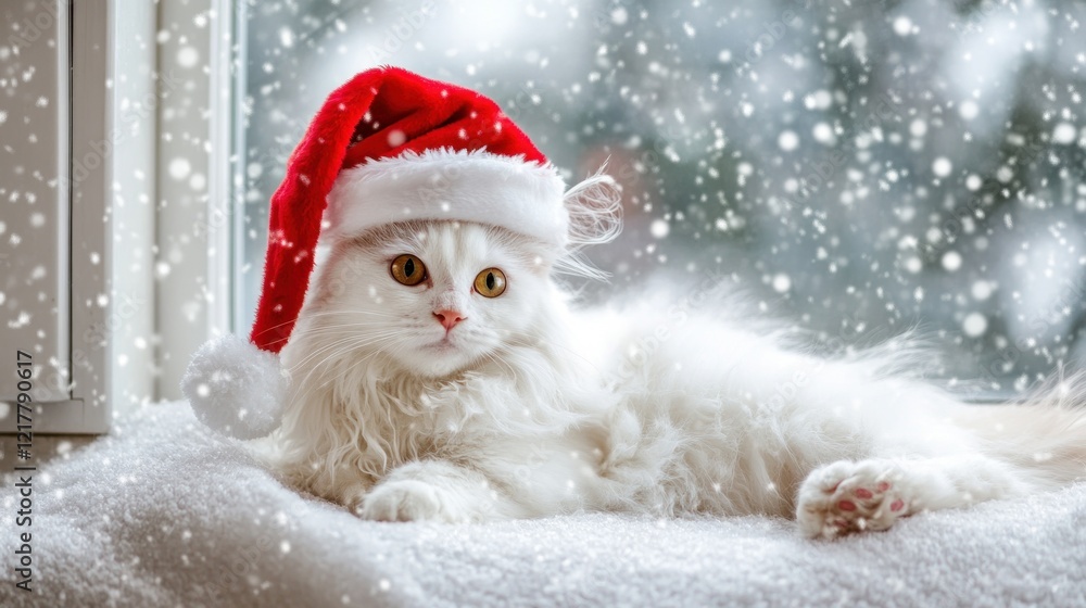 A fluffy white cat wearing a red Santa hat, surrounded by falling snowflakes. A fluffy white cat wearing a red Santa hat, surrounded by falling snowflakes.