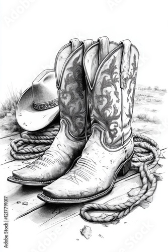 A detailed sketch features worn cowboy boots, a coiled rope, and a traditional cowboy hat, evoking themes of adventure, heritage, and rural life.