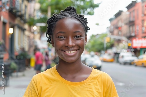 Title: Vibrant Young Person with Braids Smiling in Cityscape Background photo