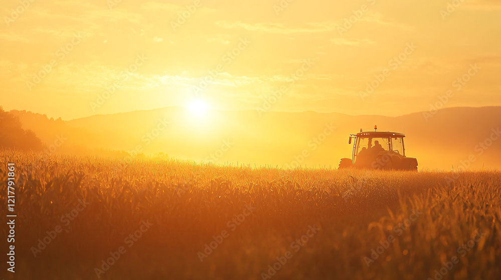 Fototapeta premium silhouette of tractor driving through golden field at sunset